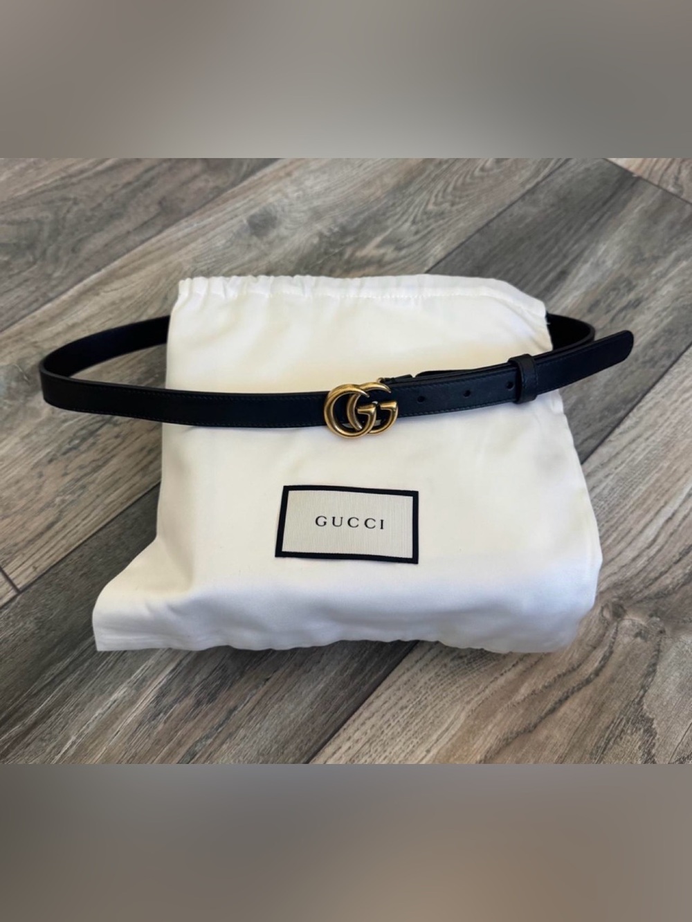 Gucci Women's Skinny Marmont Black/Gold GG Logo Buckle Belt Size 85